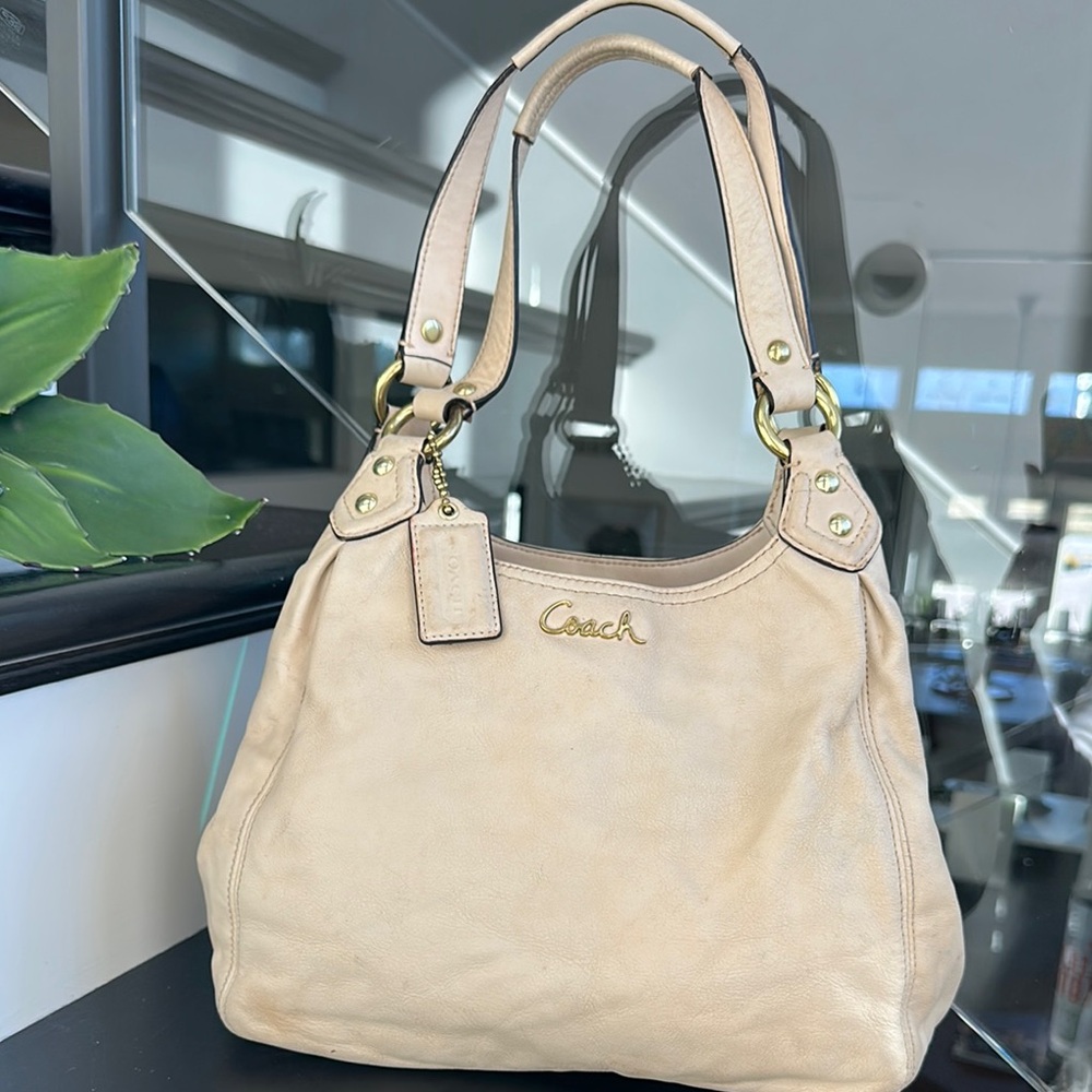 Coach Cream and Gold Shoulder Bag with Textured Leather.
